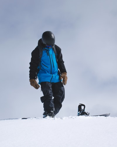 男人穿着蓝色上衣和黑色裤子站在冰雪覆盖的地面白天
